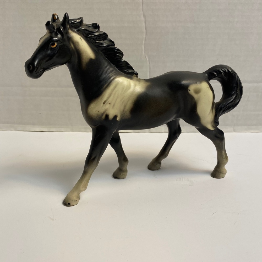 Vintage Lefton Pinto Stallion Horse Figurine Japan Black White Matte Ceramic SEO